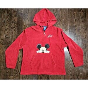 VTG Disney Mickey Mouse Red Pullover Fleece Embroidered Hoodie Sweatshirt Sz M